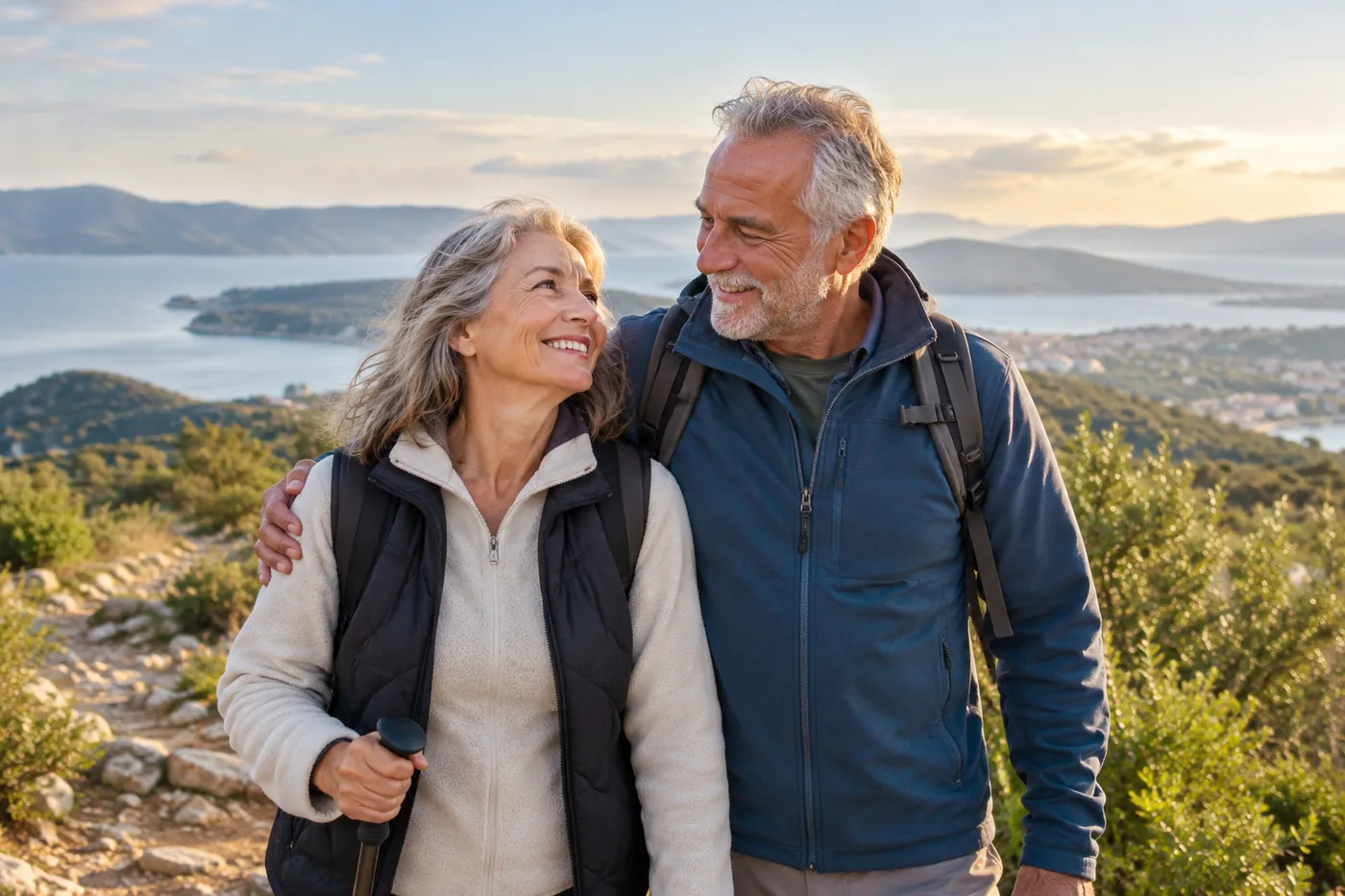 Older couple pausing together on an easy outdoor trail
