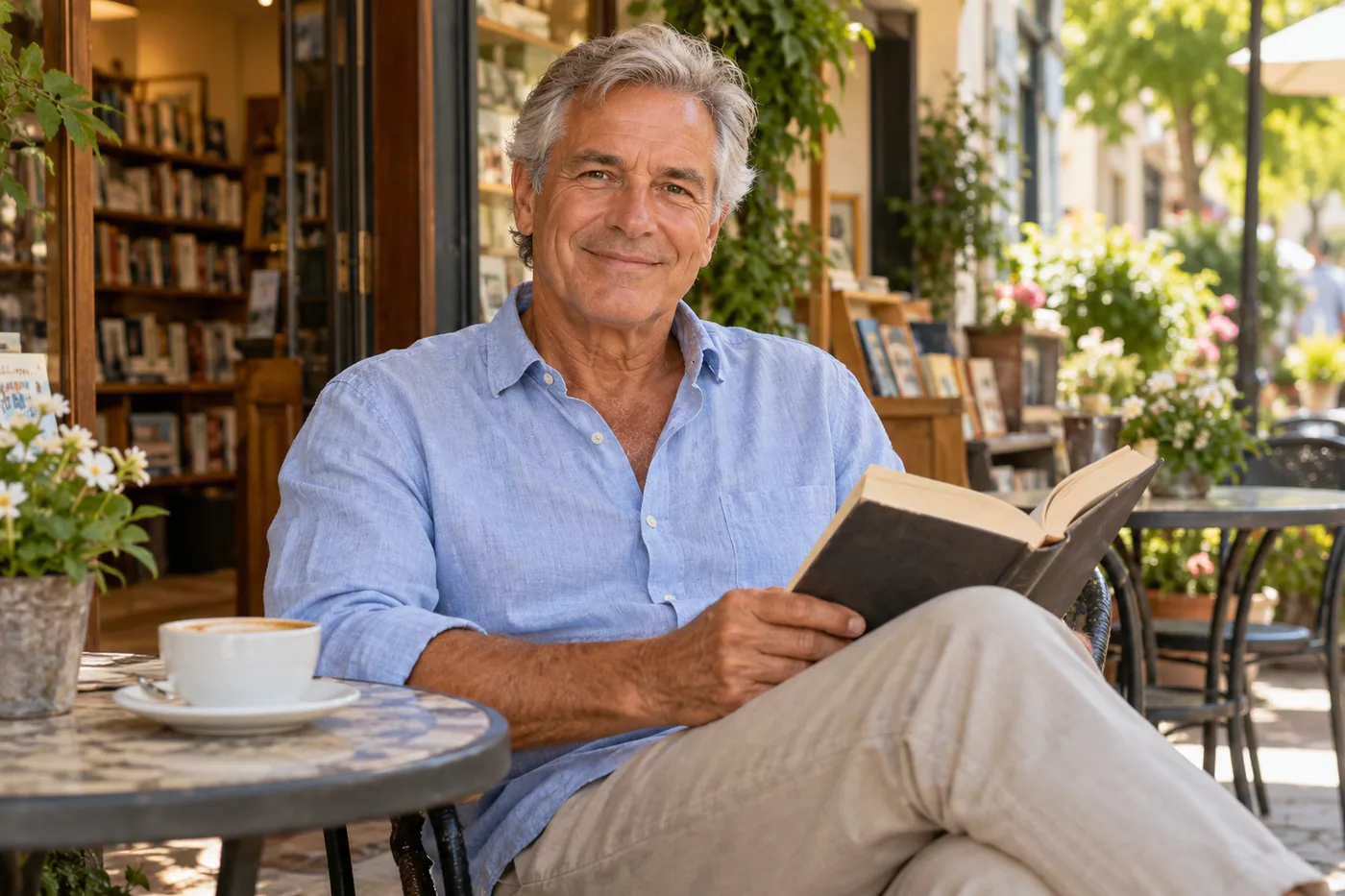Mature man enjoying a book at a cafe