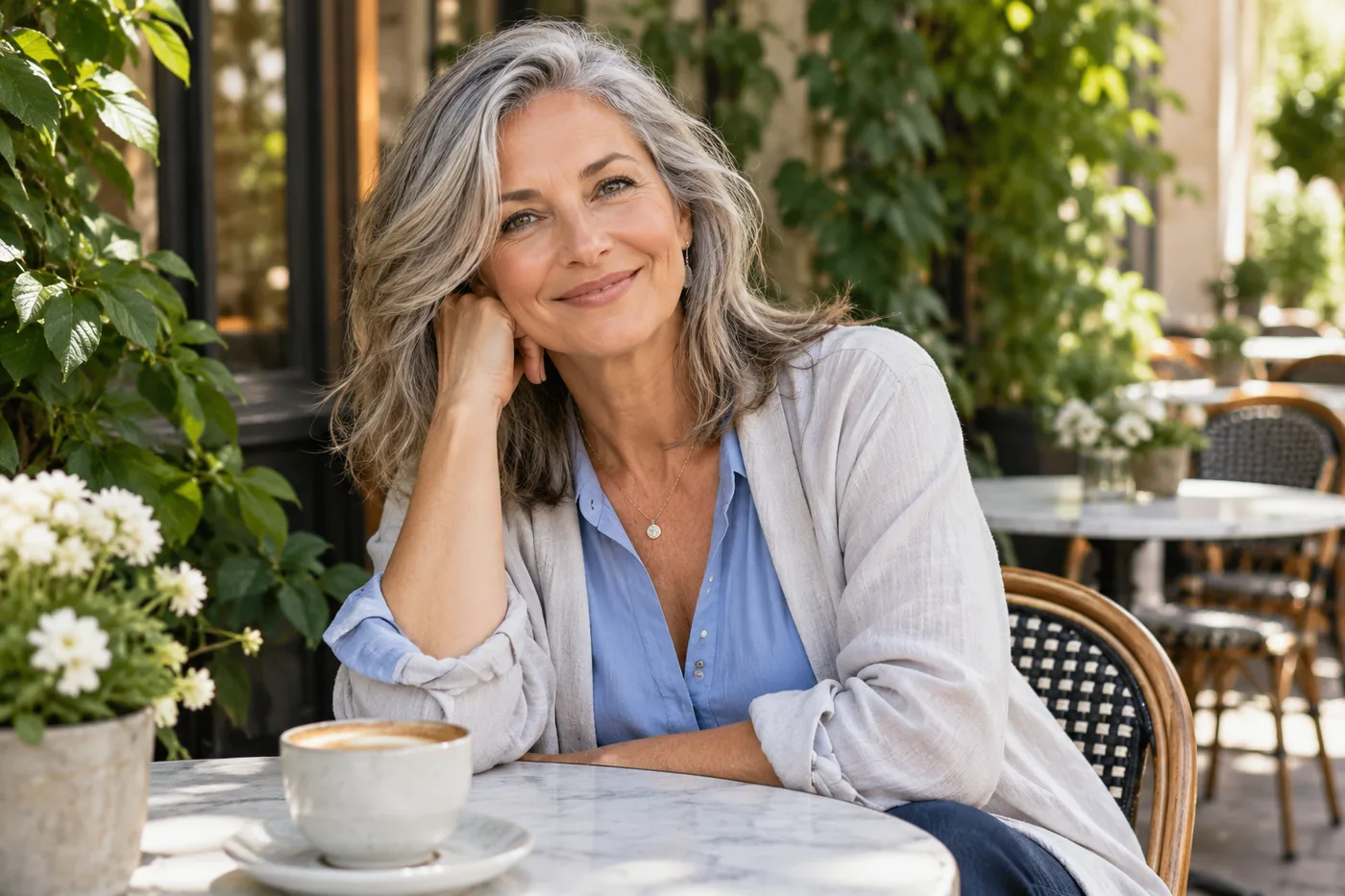 Mature woman smiling at a leafy outdoor cafe