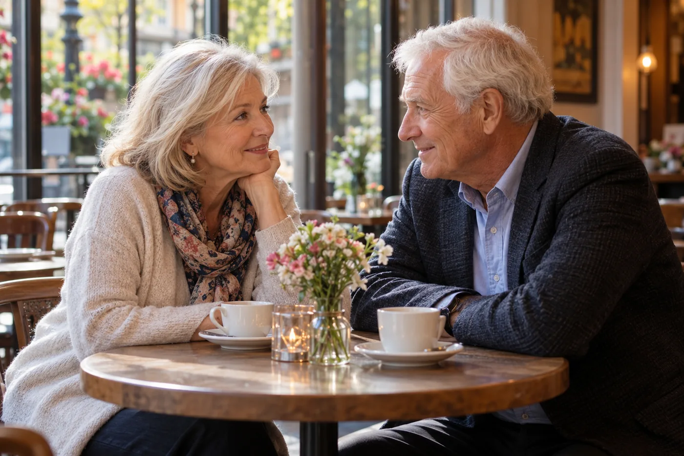 Older couple enjoying attentive conversation over coffee