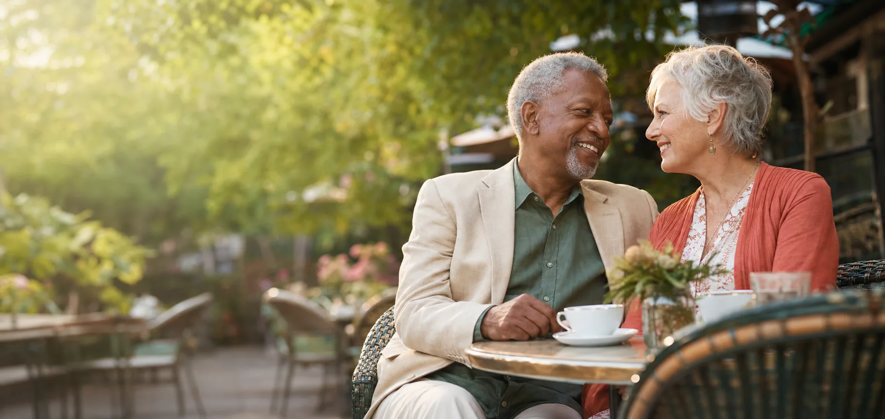Senior dating couple enjoying a relaxed garden café date